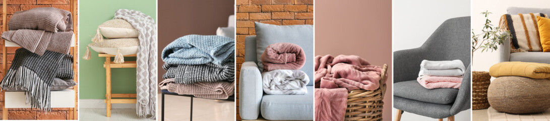 Collage of plaids with pillows and furniture in cozy interiors