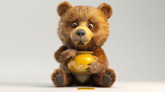 A bear is holding a honey jar and has honey dripping from its mouth. The bear is cute and playful, and the image conveys a sense of warmth and sweetness