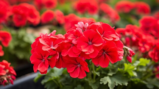 Red geranium flowers in a greenhouse