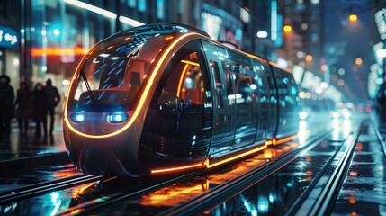 A futuristic train with neon lights on it is traveling down a track. The train is surrounded by a city at night, with people walking on the sidewalks. Scene is futuristic and urban - obrazy, fototapety, plakaty