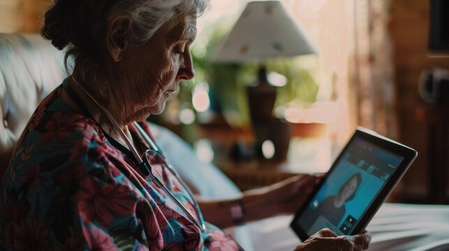 Elderly woman using a tablet, possibly video calling, in a cozy, sunlit room, reflecting the blend of technology and senior lifestyle.