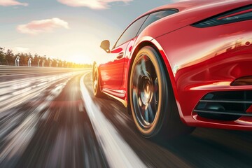 Red super car racing on high-speed highway in sunny day, motion speed business concept