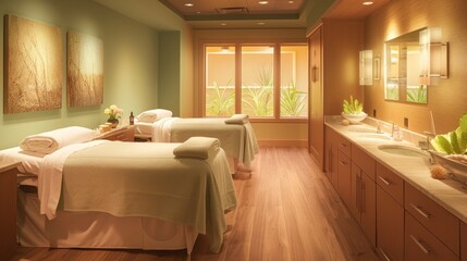 Tranquil spa room with twin massage beds, calming lighting, wooden floors, and a peaceful ambiance for relaxation and therapy.