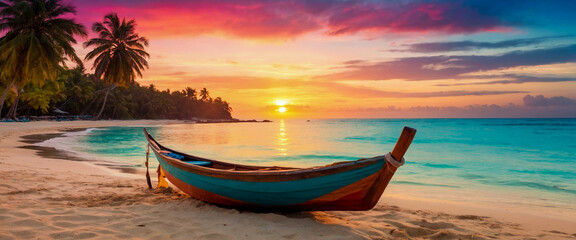 Fototapeta na wymiar Tranquil Tropical Escape: Wooden Boat Resting on a Beach with Sunset Glow 