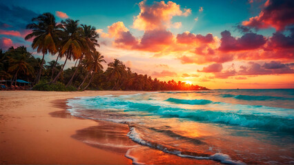Fototapeta na wymiar Luxurious Beach Getaway: Palm Trees Swaying on a Pristine Tropical Beach at Sunset