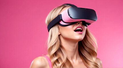 Virtual Reality Revelation: Stunning Blonde Woman with Headset Shows Surprise in a Pink Studio Setting