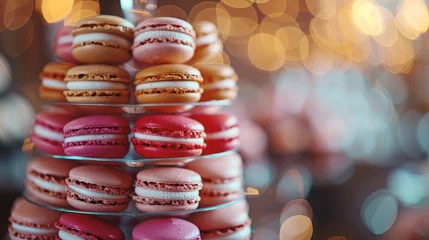 Poster A stack of macarons in different colors. The macarons are arranged in a pyramid shape © Sodapeaw