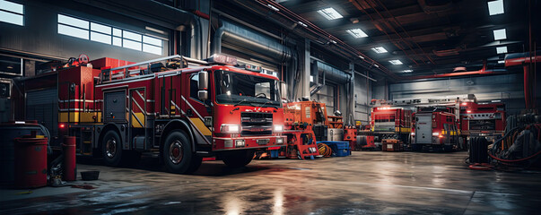 Firetruck ready inside a fire station bay - obrazy, fototapety, plakaty