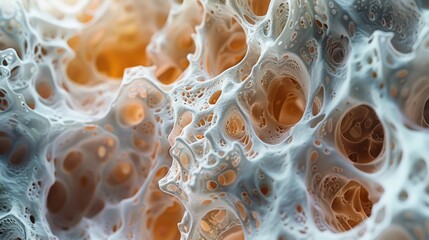 The image is a close up of a white and orange object with many holes. The object appears to be a bone or a piece of tissue, and the holes give it a spiky, textured appearance - obrazy, fototapety, plakaty