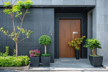 Modern black front door with beautiful green plants on facade of stylish contemporary building
