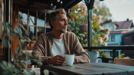 Man enjoying a cup of coffee on a cozy veranda, contemplating - obrazy, fototapety, plakaty