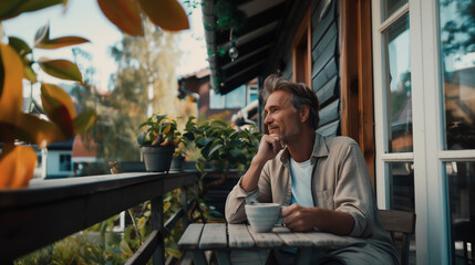 Contented man enjoys coffee on a cozy veranda, lost in thought - obrazy, fototapety, plakaty