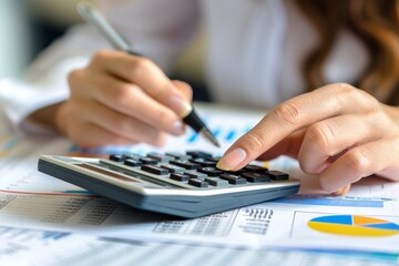 Female accountant using calculator to analyze business data and prepare accounting documents
