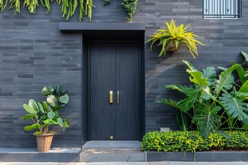 Stylish modern black front door decorated with plants, contemporary building facade