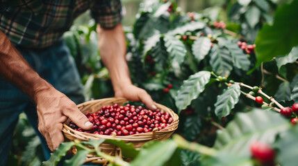 A close-up of hands collecting ripe coffee berries into a woven basket