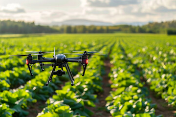 An advanced agricultural scene where drones and robots apply plant biotechnology techniques for crop enhancement, in a precision farming setup - obrazy, fototapety, plakaty
