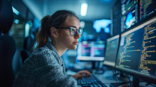 Intense young woman coding on multiple screens