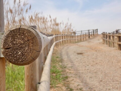Camino rural con pasamanos de madera 
