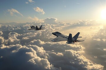 Two advanced military jet fighters soaring together above the clouds in perfect formation - Powered by Adobe