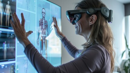 A person using virtual reality goggles interacts with a holographic display of a human skeletal structure for medical or educational purposes.