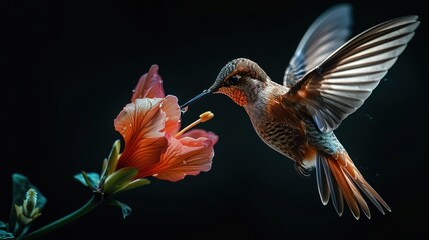 a beautiful bird in flight drinks water from a flower on a black background - Powered by Adobe