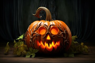 Spooky Smiling autumn halloween pumpkin. Wooden forest. Generate Ai