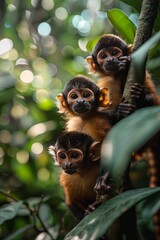 Obraz premium A group of monkeys playfully swinging from tree to tree in the canopy of a rainforest.