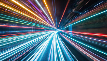 Futuristic neon speed tunnel vision: dynamic high-speed transportation through a digital cyber tunnel with vibrant light streaks and a futuristic glow - 772097105