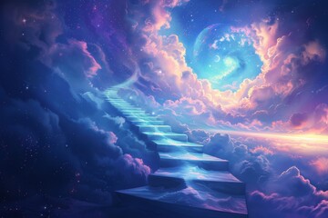 Stairway to heaven. mystical staircase to sky, astral travel fantasy epic digital art - obrazy, fototapety, plakaty