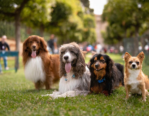 Group of happy dogs with various breeds enjoying a day out with their owners at firefly dog park - 772097116