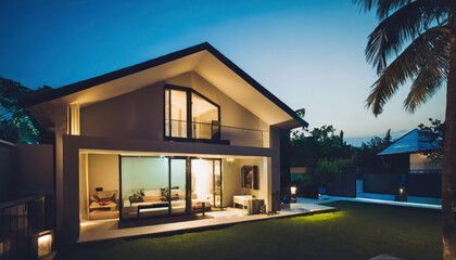 Contemporary residential house with interior lights on, nestled in a summer evening setting - 772097126