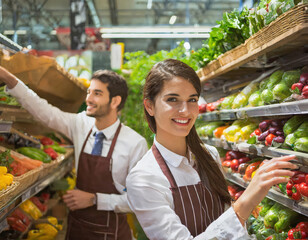 Cheerful workers in aprons stocking vegetables in a supermarket aisle - 772097135