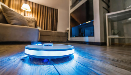 Wide view of a modern living room with a robot vacuum cleaner using light to scan the space and build a route map - 772097141