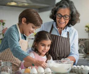 Grandmother teaches her grandchildren the art of baking in a cozy kitchen setting - 772097153