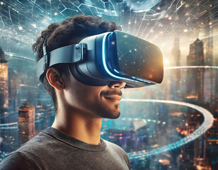 Unrecognizable man enjoys a virtual reality experience with a headset amidst a surreal, digitally-enhanced futuristic city - 772097163