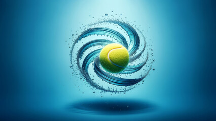 Flying Tennis Ball with Swirling Water Droplet Trail - obrazy, fototapety, plakaty