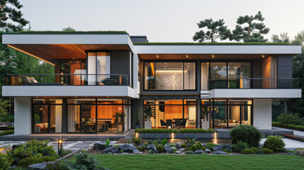 Fototapeta premium Modern European Villa with large windows and lots of green