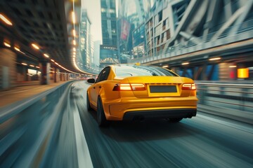 Rear view of a sleek yellow taxi business car speeding along a high-speed highway curve