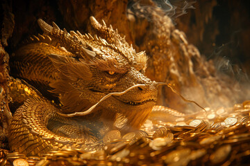 A photorealistic golden dragon curled up with a hoard of coins in a mystical, smoke-filled cave. - obrazy, fototapety, plakaty