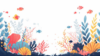 Fototapeta premium Underwater Coral Scene in digital style with white background and colorful fishes