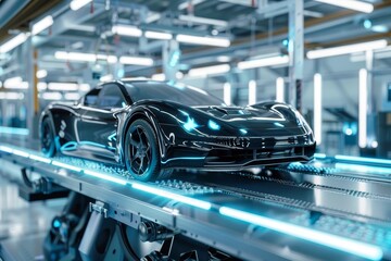 Futuristic robotic assembly line efficiently crafting sleek electric cars in high-tech factory