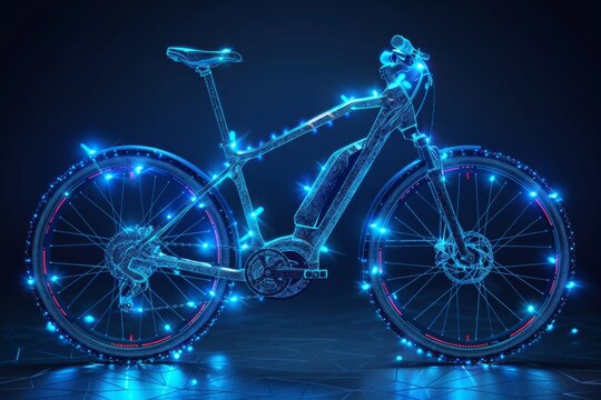 A low poly wireframe electric bicycle is shown on a dark background with a polygonal abstract background. Modern illustration.