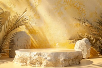 Chic summer fashion podium display on yellow stone background for luxury collections