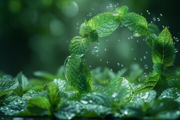 The air flow is characterized by fresh and mint bubbles. A circular orbit is formed by menthol leaf bubbles. A splash of flying mint leaves acts as a freshener, cleaner, or just to add a minty flavor - obrazy, fototapety, plakaty