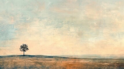 A solitary tree stands on a gentle hill under a vast, subdued sky in this serene, minimalist landscape painting. - obrazy, fototapety, plakaty
