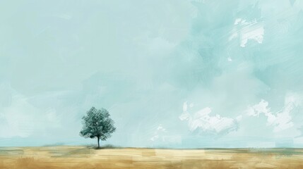 An impressionistic painting of a solitary tree in an expansive, empty field under a broad, lightly...