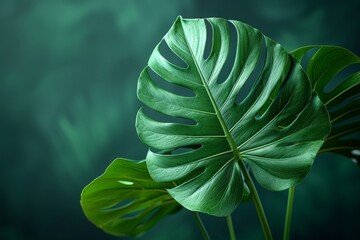 Agricultural or scientific research of botany concept with futuristic summer tropical background with monstera leaf in wireframe polygonal style.