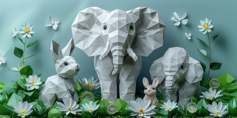 Playful 3D render of adorable, origami-inspired animals (cranes, elephants, and rabbits) joyfully parading through a clean, white landscape with subtle, folded paper banknote and coin patterns