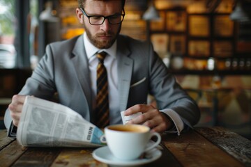 Businessman reading morning news while enjoying a cup of coffee in a cozy office setting