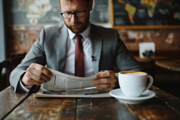 Businessman reading latest news updates in morning newspaper while enjoying a cup of coffee